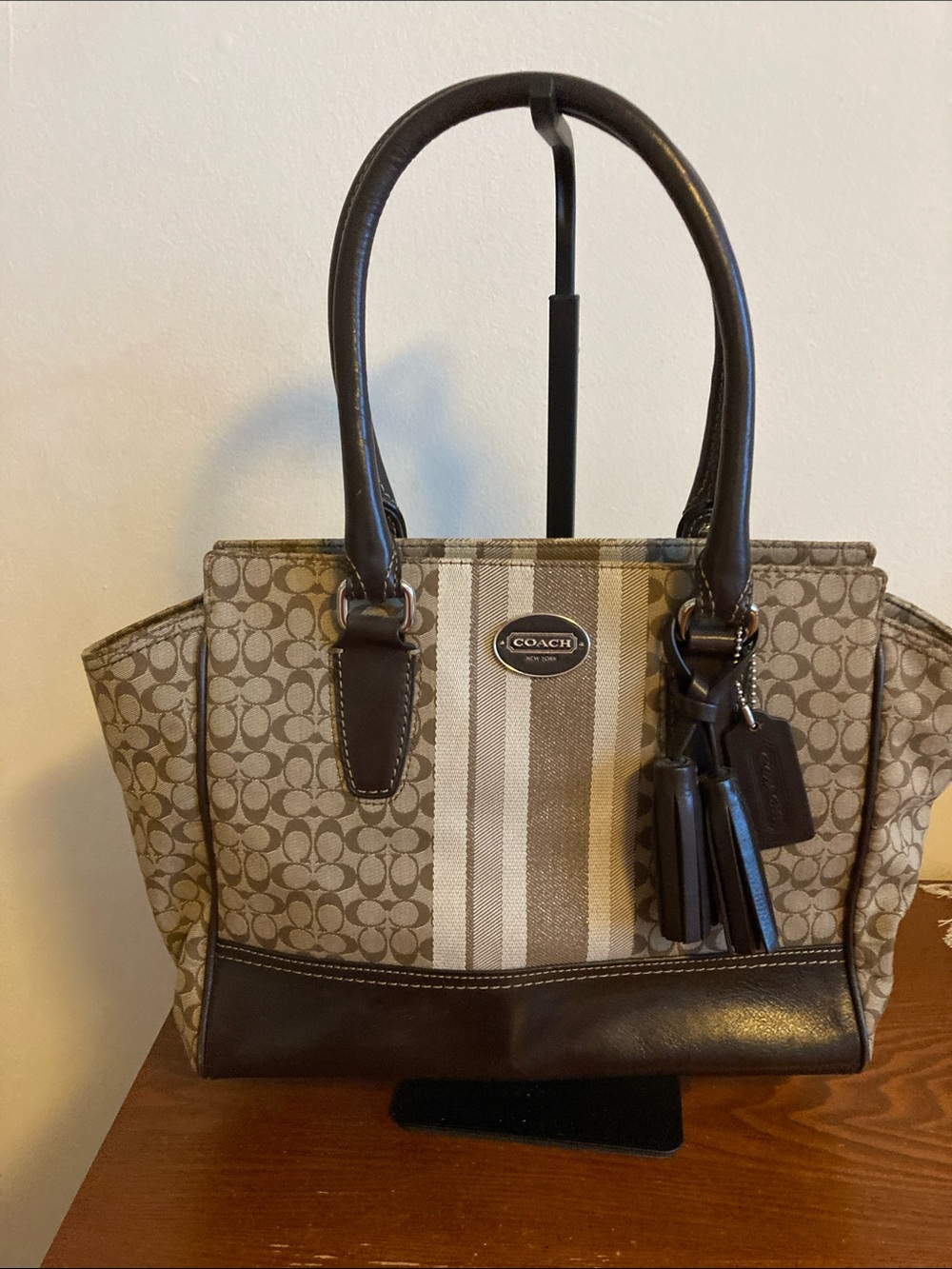 Coach Brown Signature Stripe Shoulder Tote